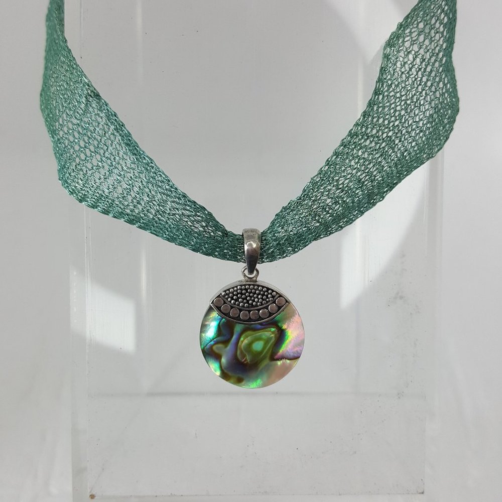 Shapeable Teal Mesh Metal Necklace 18" Abalone Sterling Pendant .925 Peacock